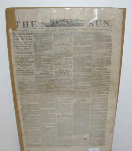 NEWSPAPER ARTICLE: THE SUN FRIDAY JULY 7, 1865 INCLUDING LINCOLN CONSPIRATORS TO BE HANGED TODAY. FOXING, TEARS; RIP; CREASES. 20 INCHES X 13 INCHES. All property is sold "AS IS", "WHERE IS", and ALL SALES ARE FINAL. Th