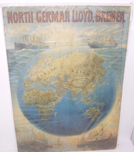 TRAVEL POSTER: EARLY 1900'S NORTH GERMAN LLOYD, BREMEN TRAVEL POSTER. NAME ON BOTTOM ILLEG. GLUED ON BOARED; STAINS; TEARS. 38 INCHES HIGH X 27 1/2 INCHES WIDE.
