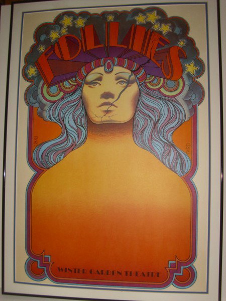 THEATRE POSTER: FOLLIES WINTER GARDEN THEATRE POSTER BY DAVID EDWARD BYRD. TEAR TOP LEFT; GLUED ON BOARD. FRAMED MEASURES 28 INCHES X 40 INCHES.