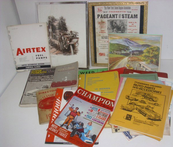 CAR PAPER LOT: COLLECTION OF 23 PIECES OF ASSORTED CAR PAPER INCLUDING AIRTEX FUEL PUMPS; DODGE PLYMOUTH MANUAL; HERCULES MANUAL; WEED TIRE CHAINS; CHAMPION; STUDABAKER PACKARD AUTO PARTS & ACCESSORIES; 1918 STROUT'