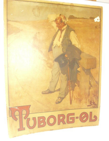POSTER: TUBORG - OL POSTER BY WINTHER & WINTHER, 1900'S. PAPER LOSS; STAINS; TEARS; STAPLES; GLUED ON BOARD. 23 1/2 INCHES X 31 INCHES.