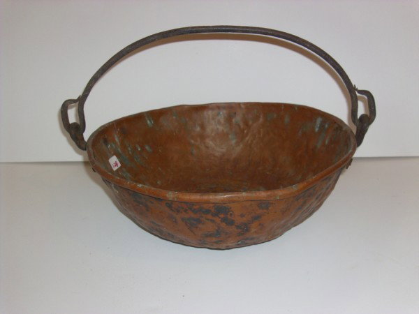 COPPER BOWL: 19TH C. COPPER CANDY BOWL WITH HANDLE. 14 INCHES X 7 1/2 INCHES.