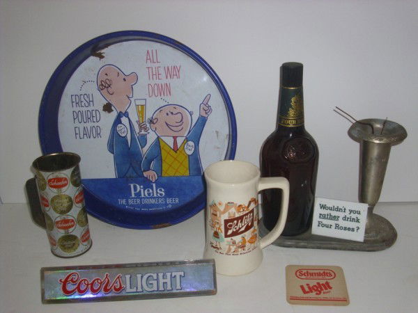ADVERTISING: BEER ADVERTISING INCLUDING 1957 PIELS SERVING TRAY; COORS LIGHT BEER TAP; SCHAEFER MUG; SCHLITZ MUG; & FOUR ROSES DISPLAY. PAINT LOSS; RUST; DISPLAY NOT COMPLETE; MUG DENTED. LARGEST MEASURES 13 INCHE