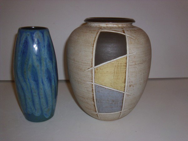 VASES: 2 MODER VASES INCLUDING 1 MARKED GERMANY. 8 1/2 INCHES HIGH.