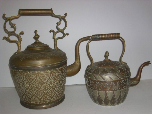 KETTLES: 2 ORNATE BRASS GOOSE NECK KETTLES. 1 WITH COPPER. 18 INCHES X 16 INCHES.