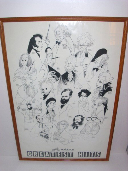 POSTER: RCA VICTOR GREATEST HITS POSTER BY AL HIRSCHFELD 1991. FRAMED MEASURES 25 1/2 INCHES X 37 INCHES.