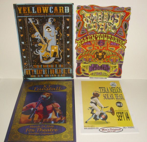 MUSIC CONCERT POSTERS: 4 MUSIC CONCERT POSTERS INCLUDING YELLOWCARD; K.T. TUNSTALL; TERA MELOS SOLAR BEAR; STEELY DAN. 2 POSTERS BY DARREN GREALISH; JAY MICHAEL. SIZES RANGE FROM 17 1/2 INCHES WIDE X 6 INCHES HIGH TO 13 INC