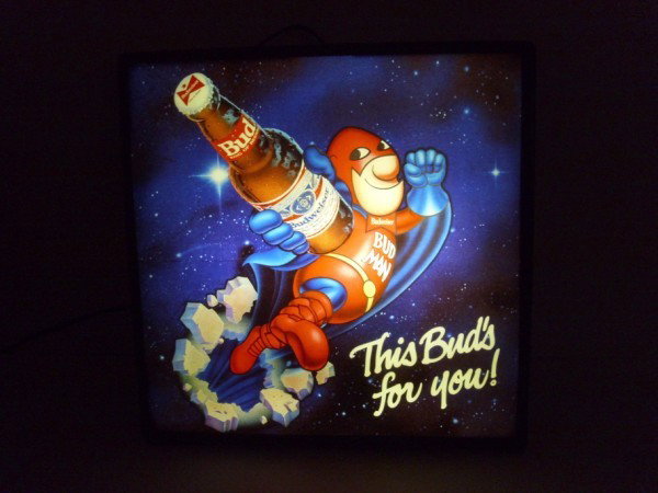LIGHTED SIGN: BUD MAN BEER LIGHTED ADVERTISING SIGN. 18 INCHES X 18 INCHES.