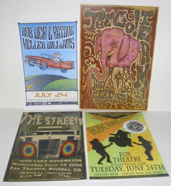 MUSIC CONCERT POSTERS: 4 MUSIC CONCERT POSTERS INCLUDING BOB WEIR & RATDOG, KELLER WILLIAMS; THE STREETS; ROSE HILL DRIVE; THE GO TEAM. 2 POSTERS BY MARIA DICHIAPPARI; JEFF TROLDAHL. SIZES RANGE FROM 17 1/2 INCHES WIDE X 6