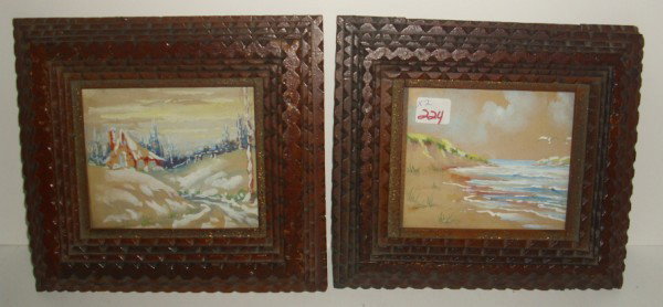 TAMP ART: 2 WATERCOLORS UNSIGNED IN TRAMP ART FRAMES. 6 INCHES X 6 1/2 INCHES.