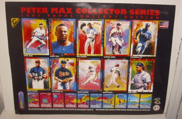 POSTER: PETER MAX COLLECTOR SERIES BASEBALL CARDS ADVERTISING POSTER 1997. CORNERS BENT; SOME CREASING. 36 1/2 INCHES X 26 1/2 INCHES.