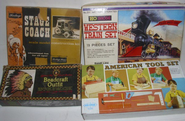 TOYS: ASSORTED TOY LOT INCLUDING AMERICAN TOOL SET; HO GAUGE WESTERN TRAIN SET; STAGE COACH MODEL KIT; BEADCRAFT OUTFIT. USED CONDITION; NOT COMPLETE; BOXES TORN.