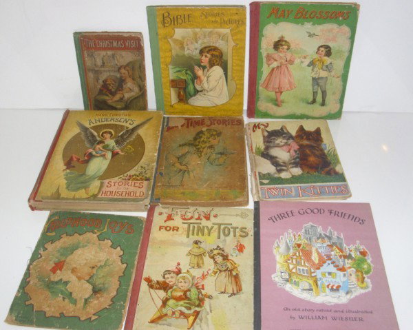 BOOKS: 9 CHILDRENS BOOKS INCLUDING FUN FOR TINY TOTS; THREE GOOD FRIENDS; MY TWIN KITTIES; BEDTIME STORIES; BIBLE STORIES. USED CONDITION.