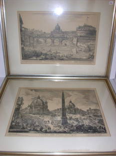 ENGRAVING: 2 ENGRAVINGS TITLED VEDUTA DEL PNTE E CASTELLO SANT ANGELO & VEDUTA DELLA PIAZZA DEL POPOLO. FOXING; STAINS ON MATTE. 25 INCHES X 30 1/2 INCHES.