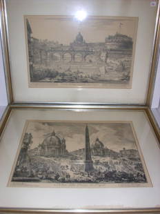 ENGRAVING: 2 ENGRAVINGS TITLED VEDUTA DEL PNTE E CASTELLO SANT ANGELO & VEDUTA DELLA PIAZZA DEL POPOLO. FOXING; STAINS ON MATTE. 25 INCHES X 30 1/2 INCHES.