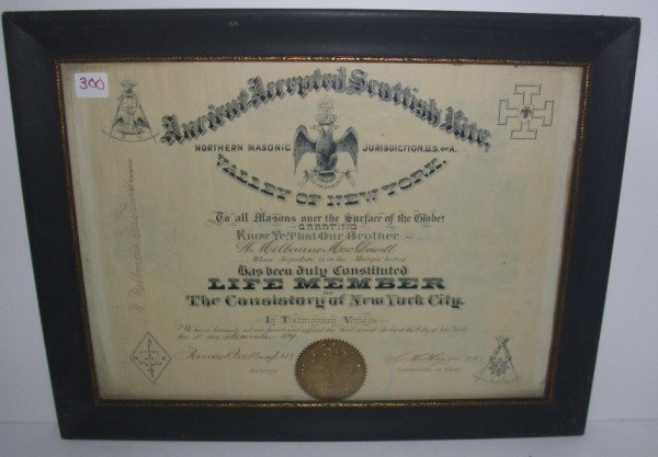 CERTIFICATE: NORTHERN MASONIC JURISDICTION VALLEY OF NEW YORK LIFE MEMBER CERTIFICATE 1899. 14 1/2 INCHES X 18 1/2 INCHES.
