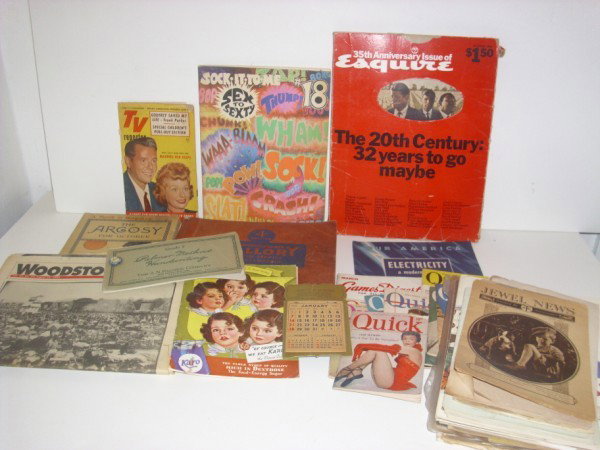 PAPER LOT: ASSORTED PAPER LOT INCLUDING ESQUIRE MAGAZINE; 1994 WOODSTOCK NEWSPAPER; SEX TO SEXTY ADULT COMICS; THE ARGOSY; PALMER METHOD HANDWRITING; QUICK MAGAZINES; GAMES DIGEST. USED CONDITION; TEARS; FOXING.