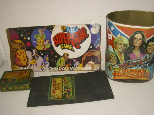 ASSORTED LOT: ASSORTED LOT INCLUDING 1981 DUKES OF HAZZARD TRASH CAN; K-TEL SUPER STAR GAME; UNCLE WIGGLIY GAME BY MILTON BRADLEY. BOXES TORN; STAINES; SCRATCHES; DENT; POSSIBLE GAMES LACKING PIECES. 13 INCHES X 10
