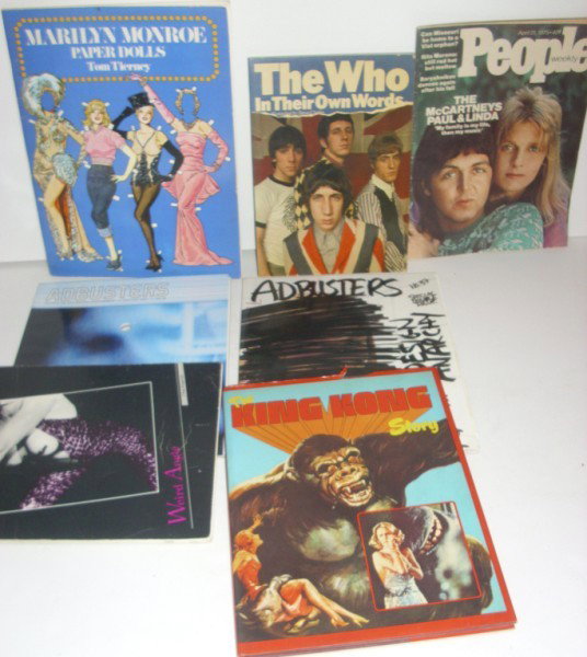 ASSORTED PAPER LOT: ASSORTED PAPER LOT INCLUDING PEOPLE MAGAZINE PAUL MCCARTNEY COVER; MARILYN MONROE PAPER DOLL BOOK; THE WHO MAGAZINE; 2 ADBUSTERS BOOKS; KING KONG STORY. USED CONDITION.