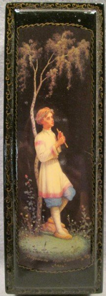 HAND PAINTED RUSSIAN BOX: HAND PAINTED RUSSIAN BOX SIGNED. SURFACE SCUFFS. 8 INCHES X 3 INCHES X 1 1/2 INCHES.