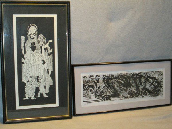 WOODBLOCKS: 2 WOODBLOCKS: KING WITH ANIMALS WOODBLOCK BY E.A. OGUNDE SEPT. '92. TITLED "THE BEST LAUGHTER COMES LAST" - INFO ON BACK; & CAT TITLED" HO HUM!" SIGNED H. BAILEY AP. CHIP TO FRAME, GLASS CRACKED. LARG