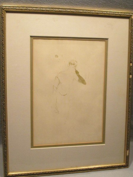 LITHOGRAPH: HENRI DE TOULOUSE LAUTREC LITHOGRAPH SIGNED IN STONE TITLED "YVETTE GUILBERT" WITH CHARLES Z. MANN GALLERY LABEL. 20 1/2 INCHES HIGH X 16 1/2 INCHES WIDE.