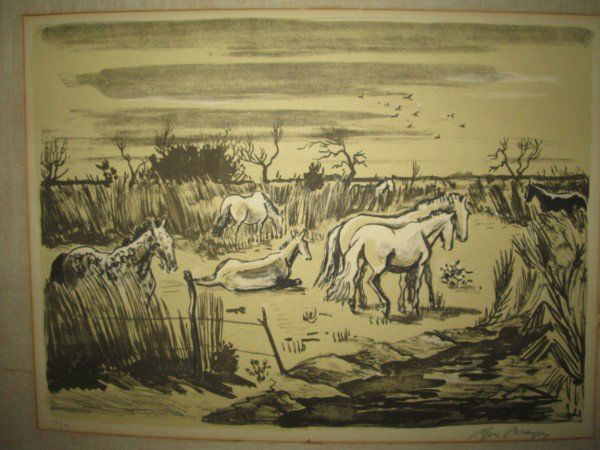 LITHOGRAPH: HORSE LITHOGRAPH SIGNED YVES BRAYER 56/100. GLUED ON BOARD WITH MATTING GLUED. 22 1/2 INCHES X 28 INCHES.