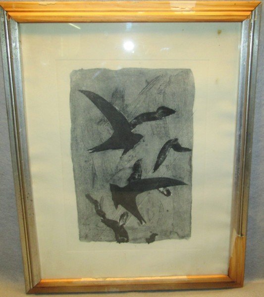 ETCHING: "BIRDS IN FLIGHT" BY GEORGE BRAQUES WITH CERTIFICATE FROM THE COLLECTOR'S GUILD LTD. COATING ON FRAME COMING OFF. 16 INCHES X 20 INCHES.