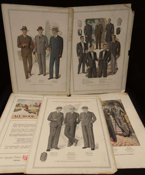 ADVERTISING STORE DISPLAYS: 5 LARGE 1920'S CARDBOARD WOOL SUITS ADVERTISING STOR DISPLAY. SWATCHES ARE LACKING FROM BACK OF DISPLAY. USED CONDITION. 21 INCHES X 15 1/2 INCHES.