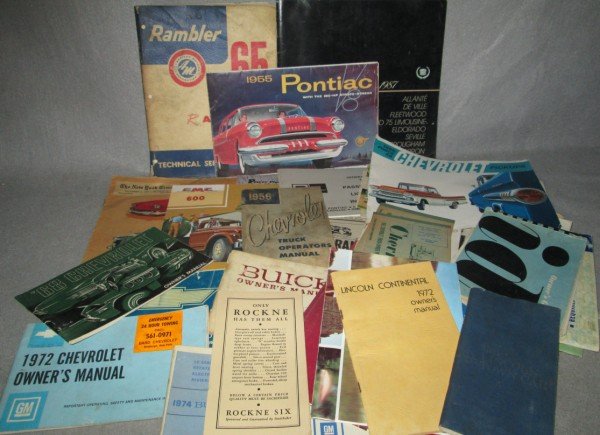 CAR CATALOGS: 37 CAR CATALOGS/MANUALS INCLUDING RAMBLER; CADILLAC; CHEVROLET; PONTIAC; FORD; BUICK; STUDEBAKER. TEARS; FOXING; STAINS.