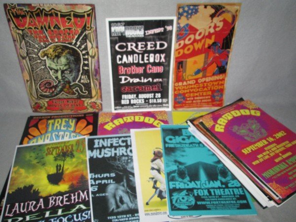MUSIC CONCERT POSTERS: 110 VARIOUS MUSIC CONSERT POSTERS INCLUDING CREED; CANDLEBOX; 3 DOORS DOWN; BROTHER CANE; RATDOG; LEE SCRATCH PERRY; JOHN MEYER; PATTY GRIFFIN; INFECTED MUSHROOM; GROVER WASHINGTON JR.; THE DISCO BISC