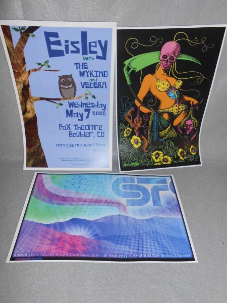 MUSIC CONCERT POSTERS: 2 MUSIC CONCERT POSTERS INCLUDING EISLEY WITH THE MYRIAD AND VEDERA, SOUND TRIBE SECTOR NINE; & ART PRINT POSTER. 17 INCHES X 11 INCHES.