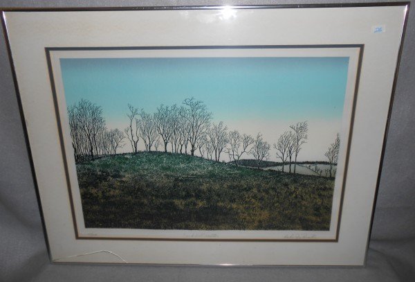LITHOGRAPH: LANDSCAPE SCENE LITHOGRAPH TITLED "DUNK HILL WALTON", 37/150, SIGNED CHARLES ROY PURCELL. GLASS CRACKED. 23 1/2 INCHES X 30 INCHES.