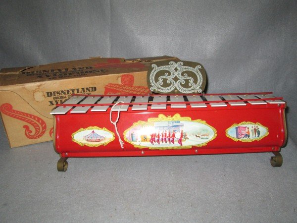 TOY: DISNEYLAND ORIGINAL CONCERT GRAND XYLOPHONE WITH MUSIC STAND IN ORIGINAL BOX. BOX WORN. BOX MEASURES 19 INCHES X 6 INCHES.