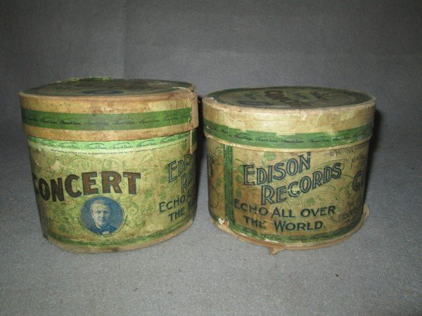 EDISON RECORDS: 2 EDISON CONCERT RECORDS CARDBOARD CONTAINERS. RUFF CONDITION. 5 INCHES X 6 INCHES.