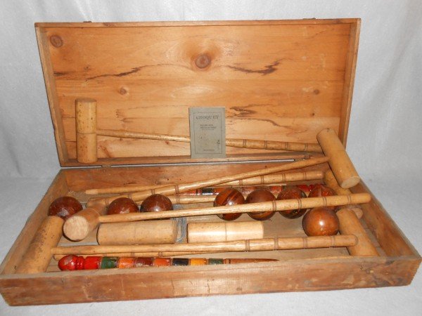 CROQUET SET: "ROY BROS." CROQUET SET IN BOX WITH INSTRUCTIONS. USED CONDITION. 33 INCHES X 15 INCHES.