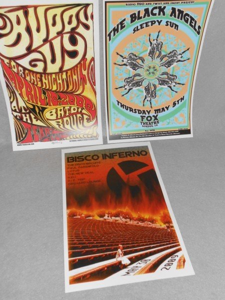 MUSIC CONCERT POSTERS: 3 MUSIC CONCERT POSTERS INCLUDING BUDDY GUY; THE BLACK ANGELS; BISCO INFERNO. 11 INCHES X 17 INCHES.