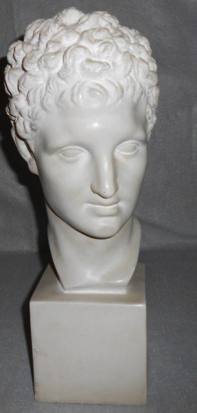 STATUE: LARGE PLASTER BUST BY RIMA '73. CHIPS. 17 1/2 INCHES X 7 INCHES.
