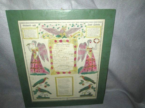 BIRTH/DEATH CERTIFICATE: ORIGINAL ANTIQUE 19th C. HAND COLORED FRAKTUR 1857 GERMAN BIRTH CERTIFICATE. FOXING. 17 INCHES WIDE X 19 1/2 INCHES.