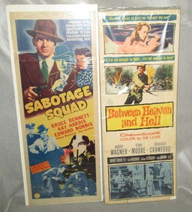 MOVIE POSTERS: 2 MOVIE POSTERS INCLUDING SABOTAGE SQUAD WITH EDWARD NORRIS, BRUCE BENNETT, KAY HARRIS- POSTER SIGNED BEST ALWAYS TO THE E. SANTOS?? BRUCE BENNETT; & BETWEEN HEAVEN AND HELL WITH ROBERT WAGNER. TEARS;
