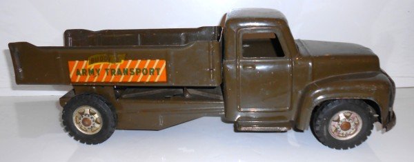 TOY: 1950'S BUDDY L ARMY TRANSPORT TRUCK. USED CONDITION. 19 INCHES X 6 INCHES X 7 INCHES.