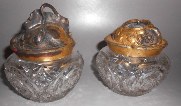 GLASS: VICTORIAN GLASS VANITY TRINKET JAR & MATCHING HAIR RECEIVER JAR. PAINT LOSS TO COVERS. 5 INCHES X 4 INCHES.