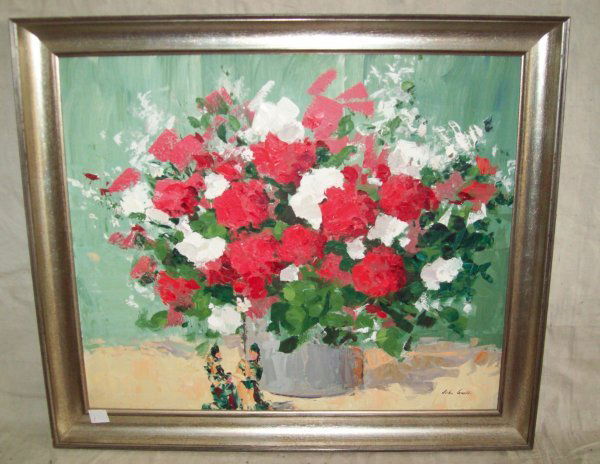 OIL ON BOARD SIGNED: OIL ON BOARD SIGNED JOHN GOULD FLORAL WITH BETHLEHEM ART GALLERY NEWBURGH,NY LABEL 26H X 30W