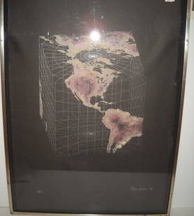 LITHOGRAPH: LITHOGRAPH TITLED "MAP PROJECTIO" 1986 SIGNED AGNES DENES, 46/40. 27 INCHES WIDE X 38 INCHES HIGH.