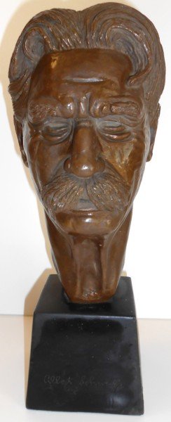 STATUE: ALBERT SCHWEITZER FACE SCULPTURE STATUE BY LEO CHAENE 1955. CHIP ON BACK. 13 1/2 INCHES X 5 1/2 INCHES.