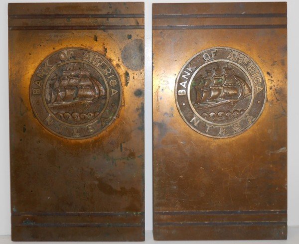 BRONZE: 2 BRONZE DOOR PUSH PLATES FROM BANK OF AMERICA N.T. & S.A. USED CONDITION. 8 INCHES X 4 1/2 INCHES.