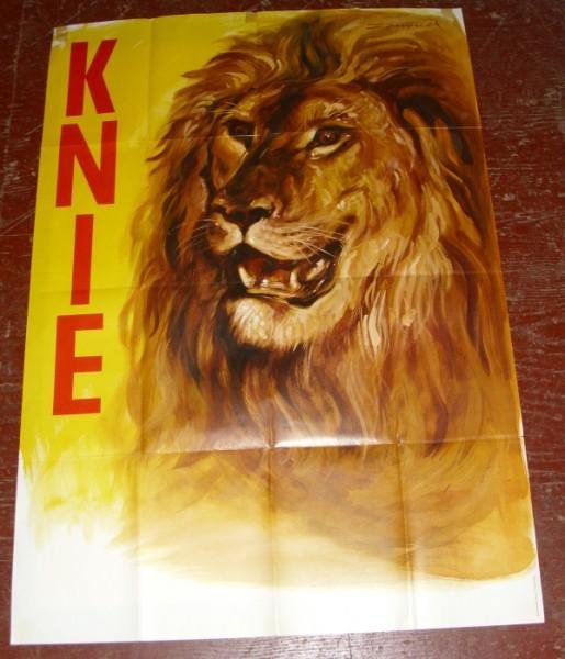CIRCUS POSTER: 1960'S LARGE KNIE LION CIRCUS POSTER SIGNED IN PLATE FANQUET?. WRITING ON BACK- TINY PHILLIPS; RETURN ADDRESS LABEL AT TOP; FOLDED CREASES; TAPE AT TOP; SEVERAL HOLES AT FOLD. 50 INCHES X 35 1/2 INCHE