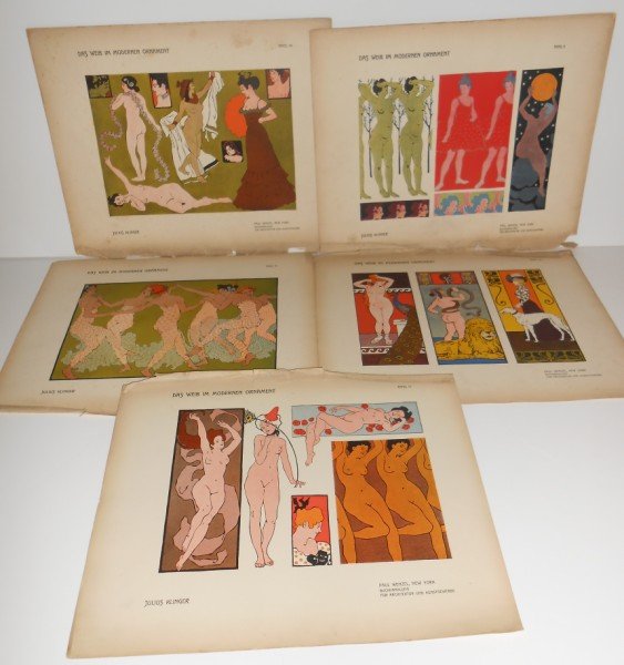 PRINTS: 5 ORIGINAL 1902 PRINTS FROM DAS WEIB IM ORNAMENT BY JULIUS KLINGER INCLUDING PLATES NUMBER 8, 10, 15, 20 & 26. TEARS STAINS. 13 INCHES X 16 INCHES.