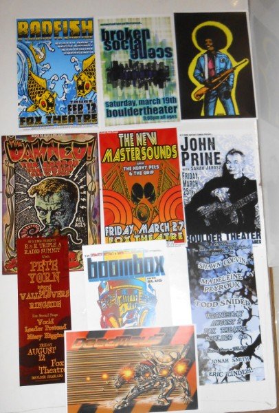 MUSIC CONCERT POSTERS: 10 MUSIC CONCERT POSTERS INCLUDING RADFISH; BROKEN SOCIAL SCENE; JOHN PRINE; BOOMBOX; SHAWN COLVIN; PETE YORN; & ART PRINT POSTERS. SIZES RANGE FROM 10 X 19 TO 13 X 19.