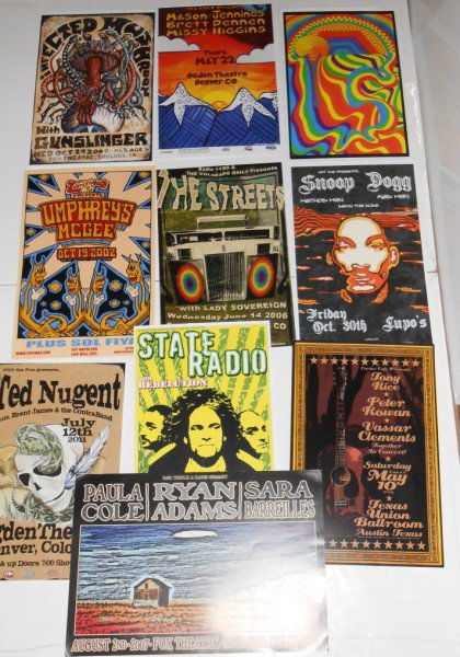 MUSIC CONCERT POSTERS: 10 MUSIC CONCERT POSTERS INCLUDING SNOOP DOGG; THE STREETS; TED NUGENT; PAULA COL RYAN ADAMS; INFECTED MUSHROOM; STATE RADIO; UMPHREY'S MCGEE; & ART PRINT POSTERS. SIZES RANGE FROM 10 X 19 TO 13 X 19.